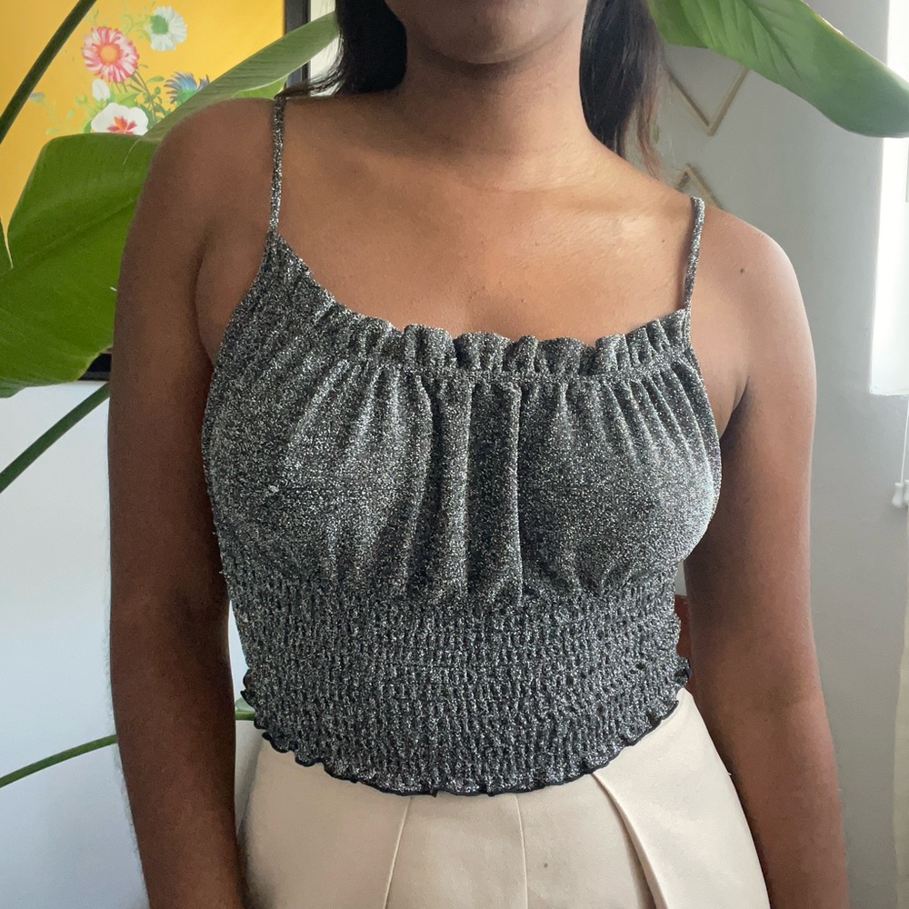 🩶 Sparkly Silver Ruched Crop Top 🩶